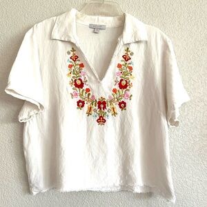Bogari Floral Embroidered White Linen Top